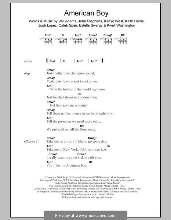 American Boy (Estelle): Lyrics and chords by Caleb Speir, Estelle Swaray, John Stephens, Joshua Lopez, Kanye West, Keith Harris, will.i.am
