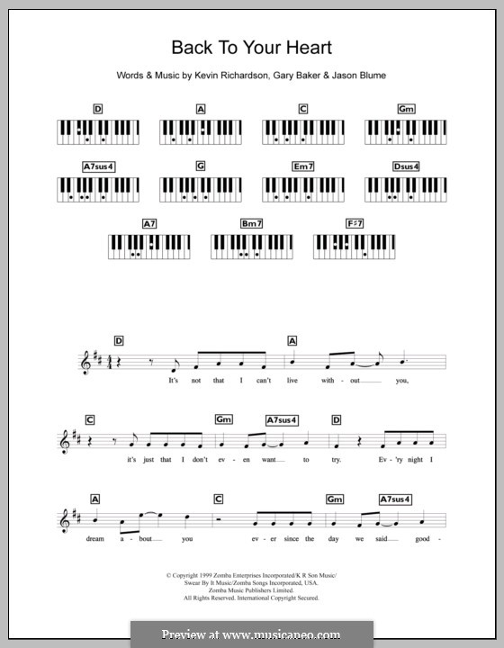 Back to Your Heart (Backstreet Boys): For keyboard by Gary Baker, Jason Blume, Kevin Richardson