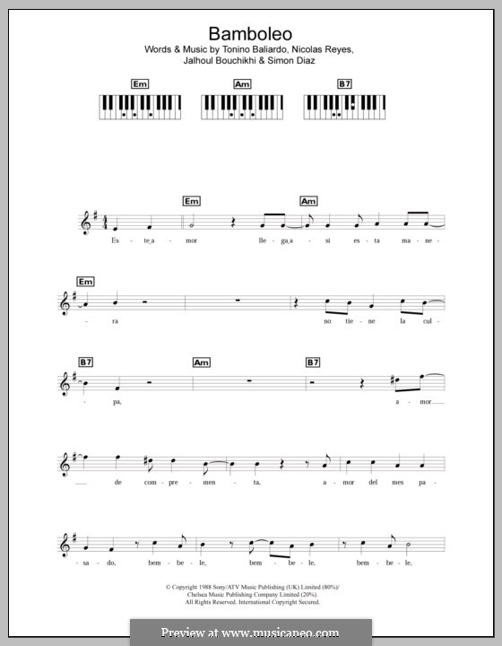 Bamboleo (Gipsy Kings): For keyboard by Jahloul Bouchikhi, Nicolas Reyes, Simon Diaz, Tonino Baliardo