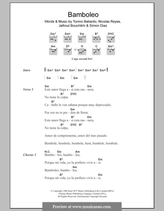 Bamboleo (Gipsy Kings): Lyrics and chords by Jahloul Bouchikhi, Nicolas Reyes, Simon Diaz, Tonino Baliardo