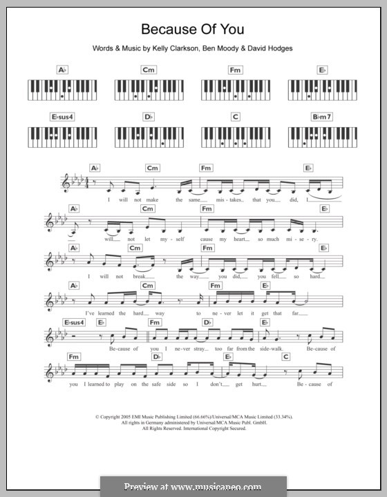 Because of You: For keyboard by Ben Moody, David Hodges, Kelly Clarkson