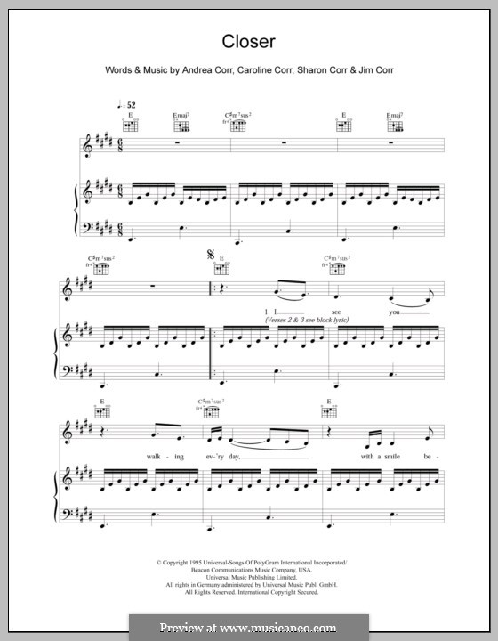 Closer (The Corrs): For voice and piano (or guitar) by Andrea Corr, Caroline Corr, Jim Corr, Sharon Corr