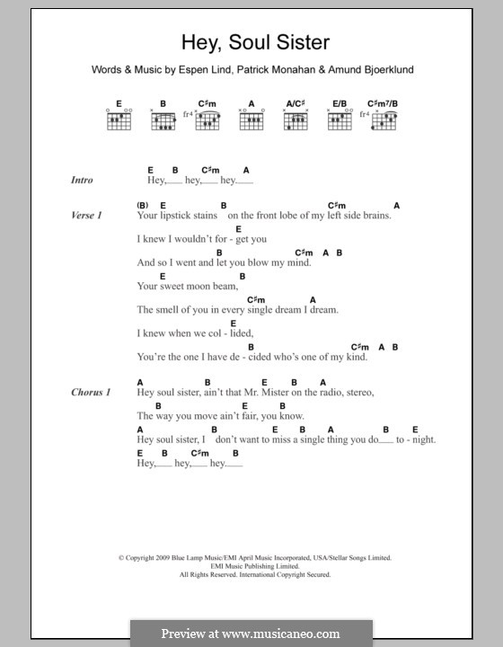 Hey, Soul Sister (Train): Lyrics and chords by Amund Bjorklund, Espen Lind, Patrick Monahan