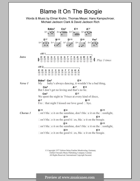 Blame It on the Boogie (The Jackson 5): Lyrics and chords by David Jackson Rich, Elmar Krohn, Hans Kampschroer, Michael Jackson Clark, Thomas Meyer