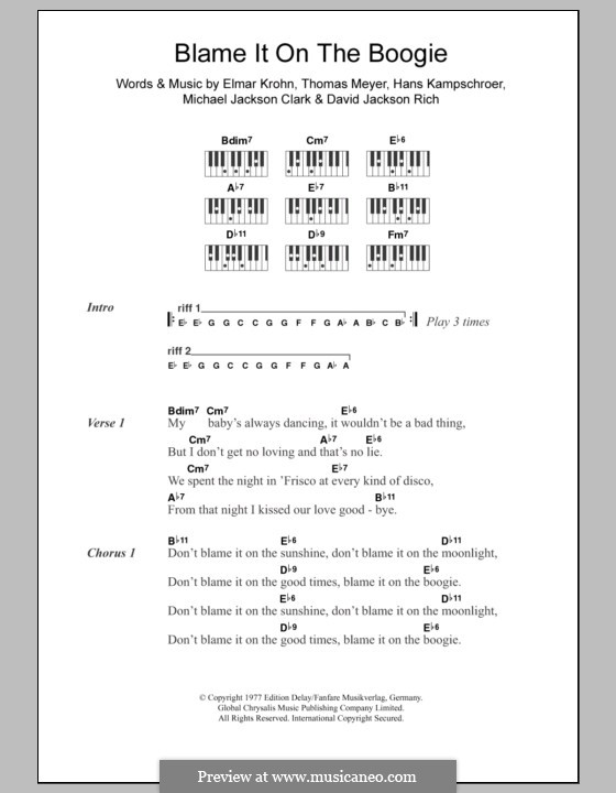 Blame It on the Boogie (The Jackson 5): Lyrics and piano chords by David Jackson Rich, Elmar Krohn, Hans Kampschroer, Michael Jackson Clark, Thomas Meyer