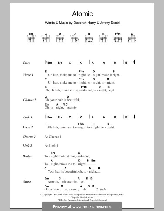 Atomic (Blondie): Lyrics and chords by Deborah Harry, James Mollica Destri