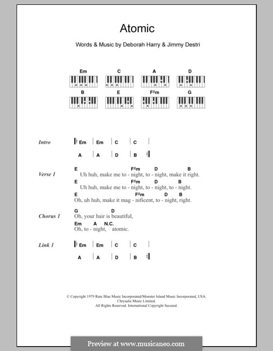 Atomic (Blondie): Lyrics and piano chords by Deborah Harry, James Mollica Destri