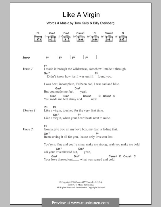 Like a Virgin (Madonna): Lyrics and chords by Billy Steinberg, Tom Kelly