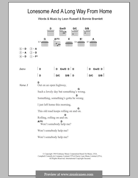 Lonesome and a Long Way from Home: Lyrics and chords by Bonnie Bramlett, Leon Russell