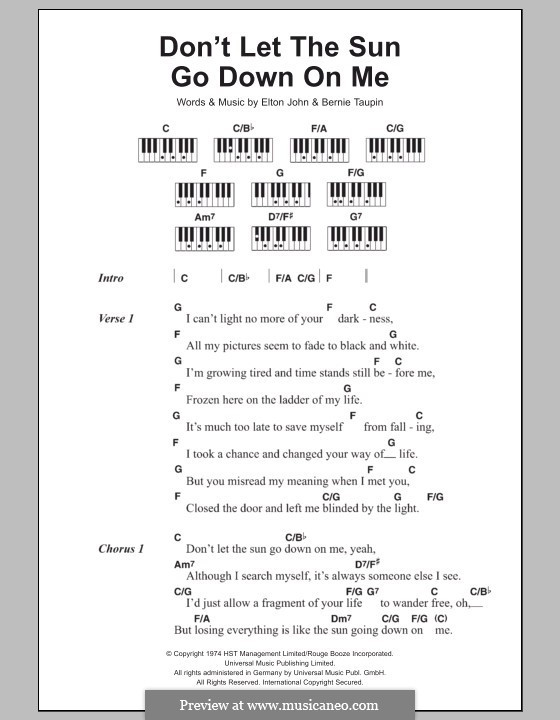 Don't Let the Sun Go Down on Me: Lyrics and piano chords by Elton John