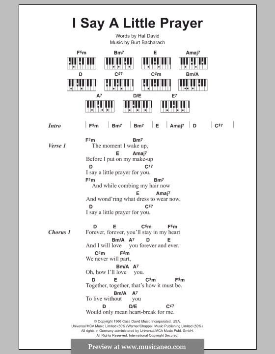 I Say a Little Prayer: Lyrics and piano chords by Burt Bacharach