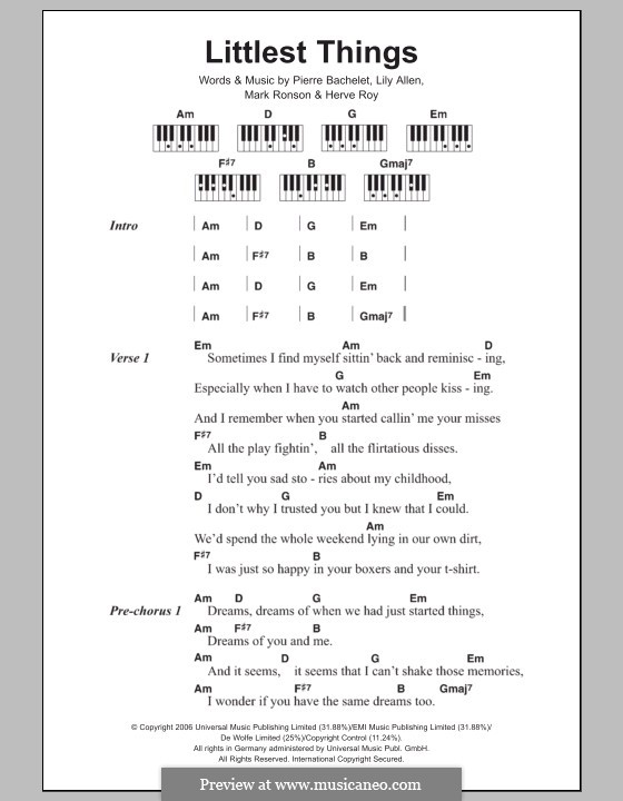 Littlest Things: Lyrics and piano chords by Herve Roy, Lily Allen, Mark Ronson, Pierre Bachelet