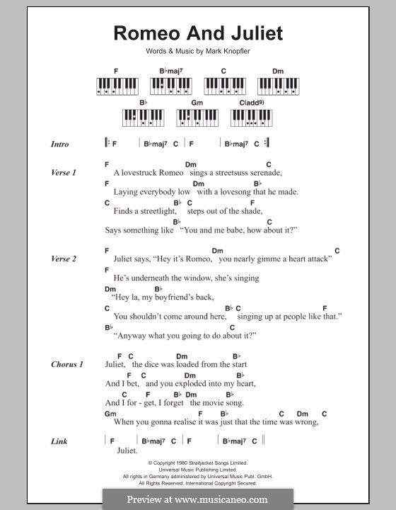 Romeo and Juliet (Dire Straits): Lyrics and piano chords by Mark Knopfler