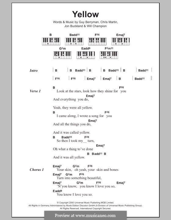 Yellow (Coldplay): Lyrics and piano chords by Chris Martin, Guy Berryman, Jonny Buckland, Will Champion