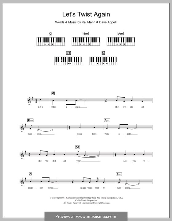 Let's Twist Again (Chubby Checker): For keyboard by Dave Appell, Kal Mann