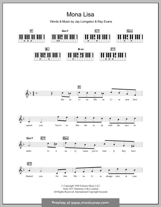 Mona Lisa (Nat King Cole): For keyboard by Jay Livingston, Raymond Evans