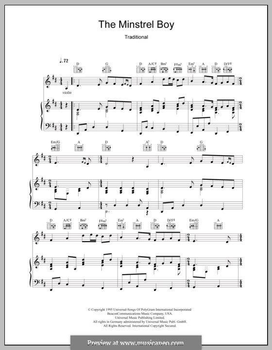 The Minstrel Boy (printable score): For voice and piano (or guitar) by folklore