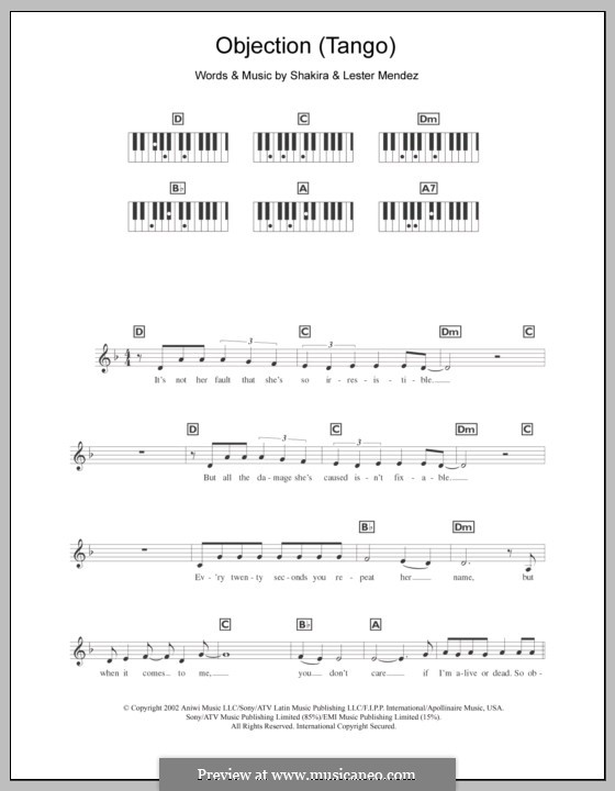 Objection (Tango): For keyboard by Shakira, Lester A. Mendez