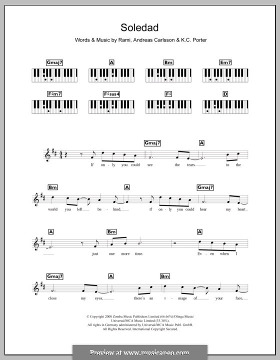 Soledad (Westlife): For keyboard by Andreas Carlsson, K. C. Porter