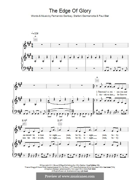 the edge of glory lady gaga by f garibay p blair s germanotta edge of glory sheet music