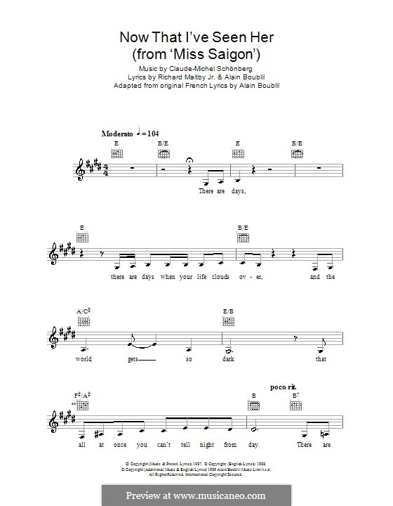 Now That I've Seen Her: Melody line, lyrics and chords by Claude-Michel Schönberg