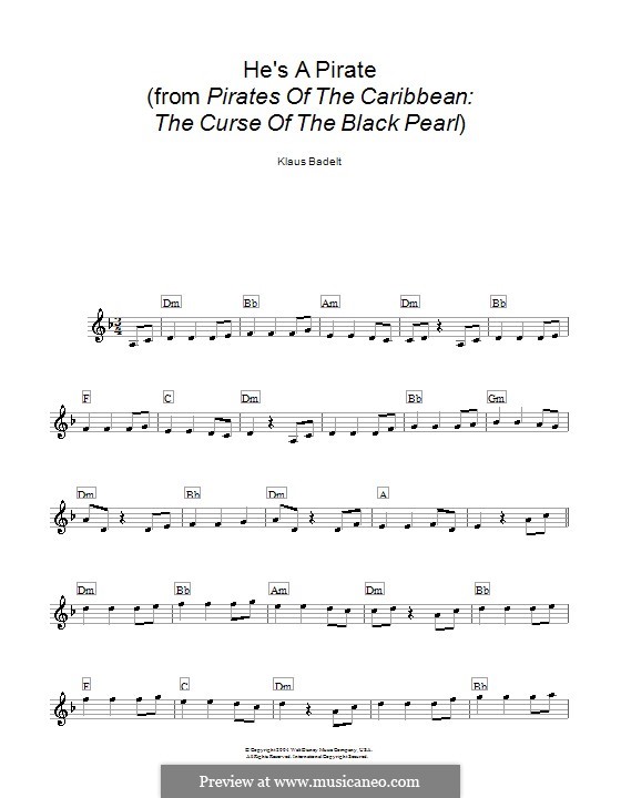 He's a Pirate (from Pirates of the Caribbean: The Curse of the Black Pearl): Melody line, lyrics and chords by Klaus Badelt