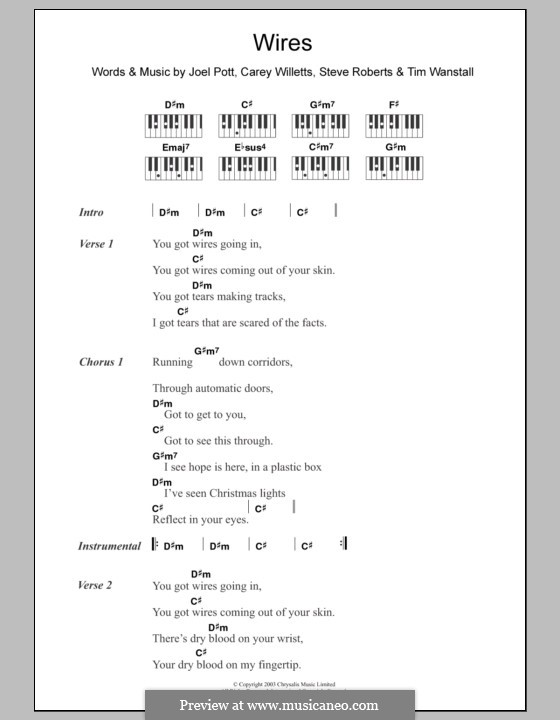 Wires (Athlete): Lyrics and piano chords by Carey Willetts, Joel Pott, Steven Roberts, Timothy Wanstall