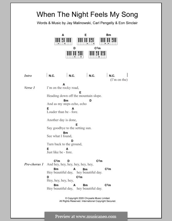 When the Night Feels My Song (Bedouin Soundclash): Lyrics and piano chords by Carl Pengelly, Eon Sinclair, Jay Malinowski