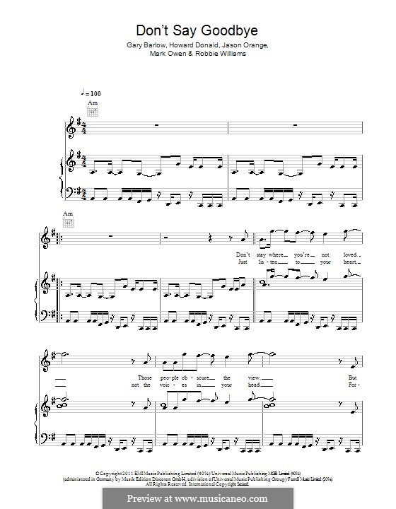 Don't Say Goodbye (Take That): For voice and piano (or guitar) by Gary Barlow, Howard Donald, Jason Orange, Mark Owen, Robbie Williams