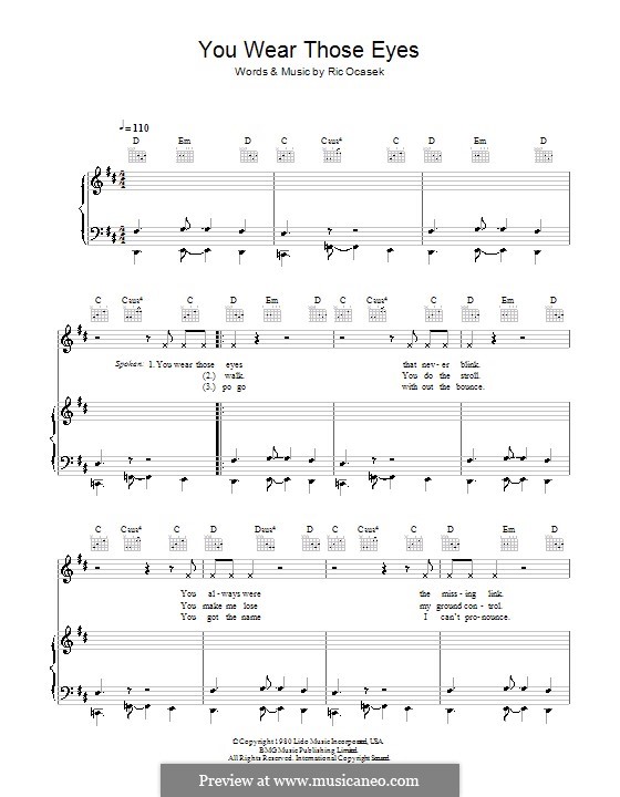 You Wear Those Eyes (The Cars): For voice and piano (or guitar) by Ric Ocasek