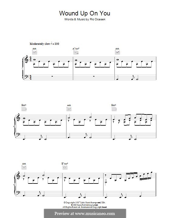 Wound Up on You (The Cars): For voice and piano (or guitar) by Ric Ocasek