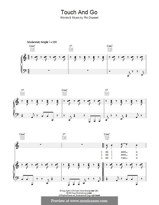 Touch and Go (The Cars): For voice and piano (or guitar) by Ric Ocasek