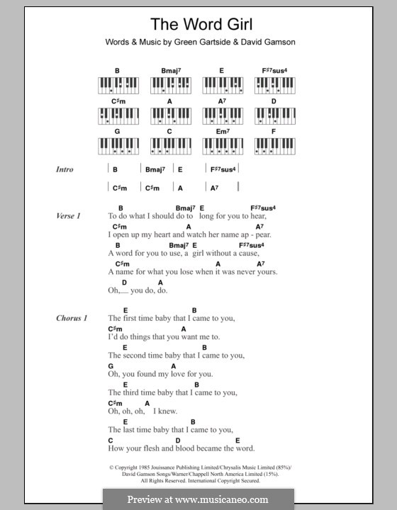 The Word Girl (Scritti Politti): Lyrics and piano chords by David Gamson, Green Gartside