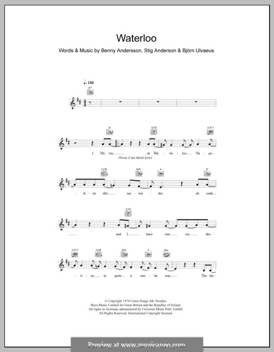 Waterloo (ABBA): Melody line, lyrics and chords by Benny Andersson, Björn Ulvaeus, Stig Anderson