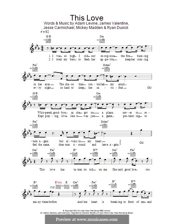 This Love (Maroon 5): Melody line, lyrics and chords by Adam Levine, Jesse Carmichael