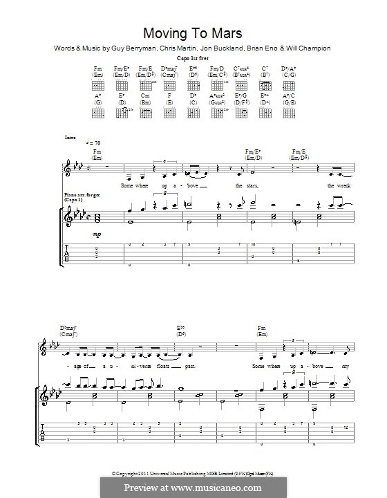 Moving to Mars (Coldplay): For guitar with tab by Brian Eno, Chris Martin, Guy Berryman, Jonny Buckland, Will Champion