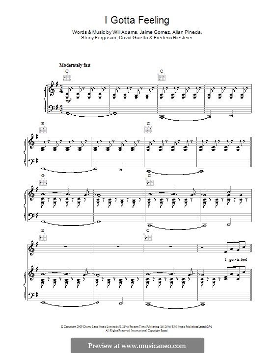 I Gotta Feeling (The Black Eyed Peas): For voice and piano (or guitar) by apl.de.ap, David Guetta, Frédéric Riesterer, Jaime Gomez, Stacy Ferguson, will.i.am