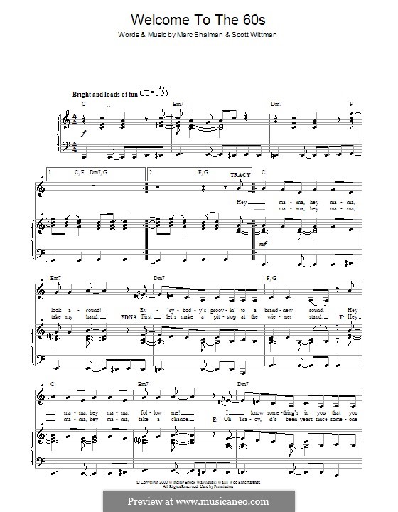 Welcome to the 60s (from Hairspray): For voice and piano (or guitar) by Marc Shaiman