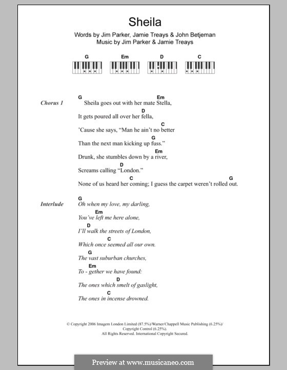 Sheila (Jamie T): Lyrics and piano chords by Jamie Treays, Jim Parker