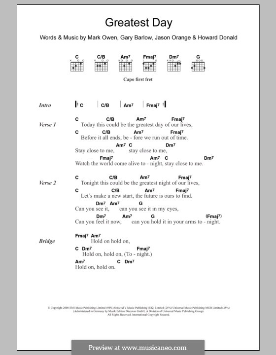 Greatest Day (Take That): Lyrics and chords by Gary Barlow, Howard Donald, Jason Orange, Mark Owen