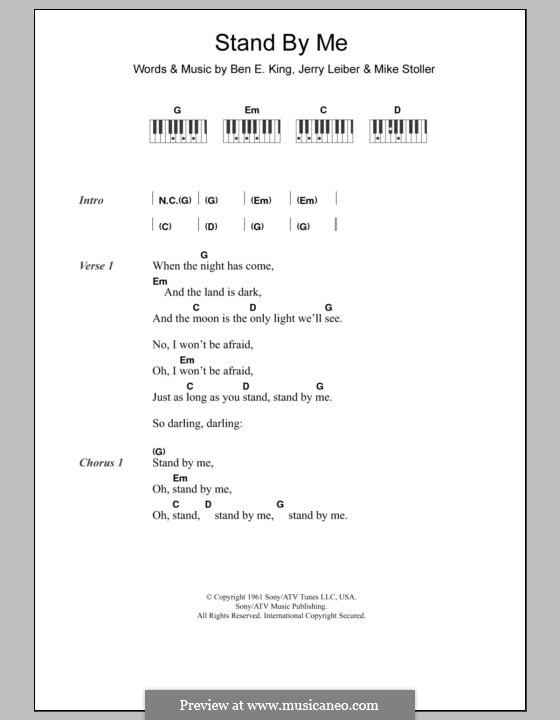 Stand By Me: Lyrics and piano chords by Ben E. King, Jerry Leiber, Mike Stoller