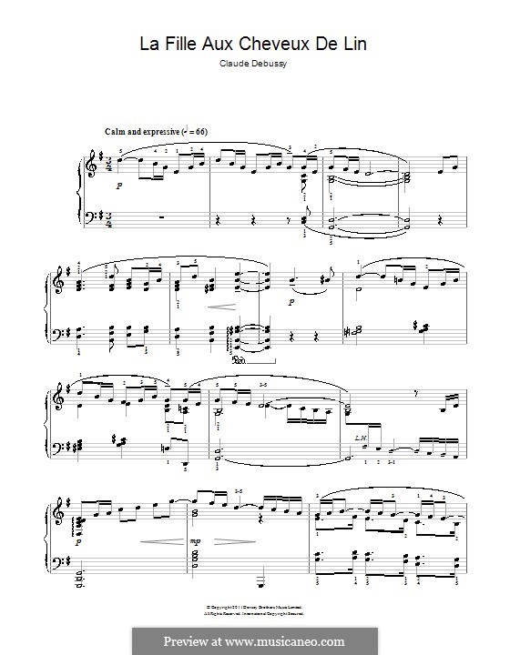 No.8 La fille aux cheveux de lin: For piano (with fingering) by Claude Debussy