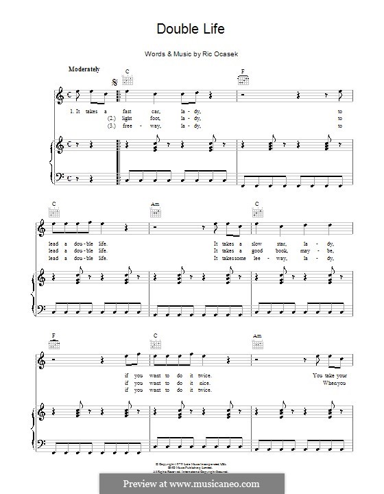 Double Life (The Cars): For voice and piano (or guitar) by Ric Ocasek