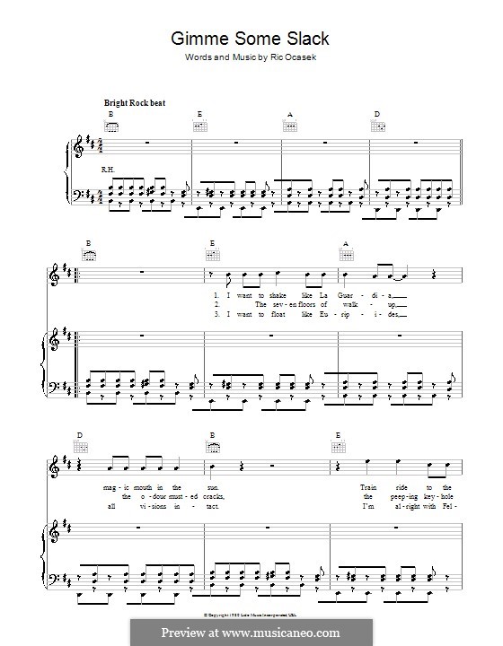 Gimme Some Slack (The Cars): For voice and piano (or guitar) by Ric Ocasek