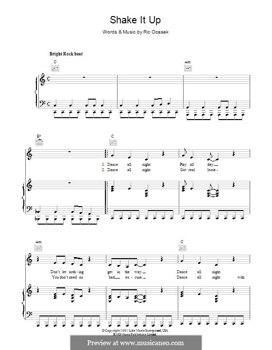 Shake It Up (The Cars): For voice and piano (or guitar) by Ric Ocasek