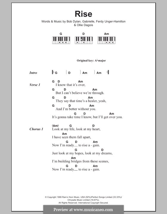 Rise: Lyrics and piano chords by Gabrielle, Bob Dylan, Ferdy Unger-Hamilton, Ollie Dagois