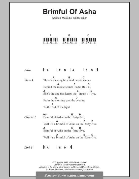 Brimful of Asha (Cornershop): Lyrics and piano chords by Tjinder Singh
