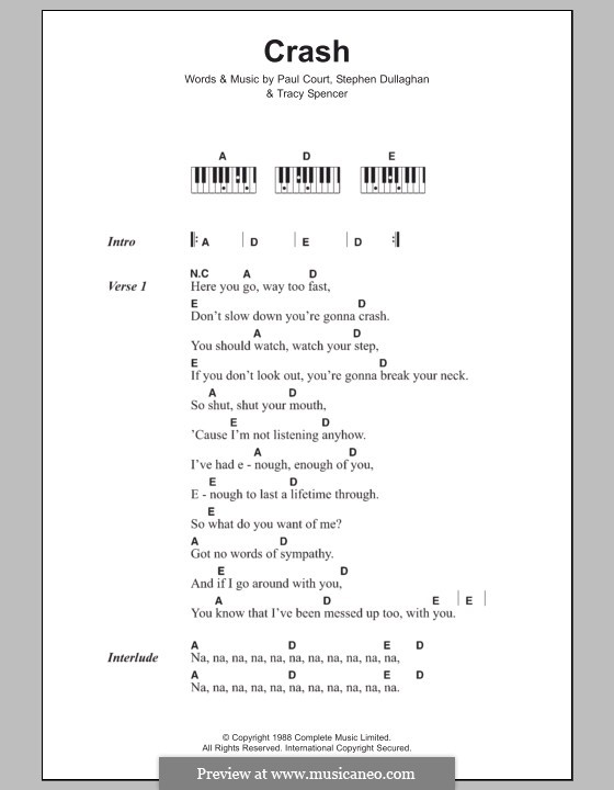 Crash (The Primitives): Lyrics and piano chords by Paul Court, Stephen Dullaghan, Tracy Spencer