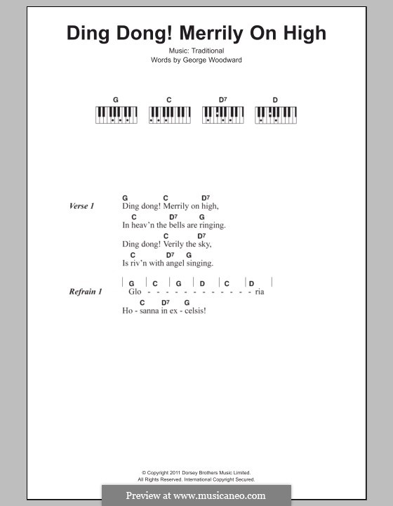 Ding Dong! Merrily on High (Printable Scores): Lyrics and piano chords by folklore