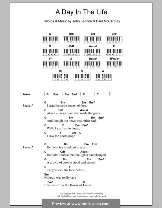 A Day in the Life (The Beatles): Lyrics and piano chords by John Lennon, Paul McCartney